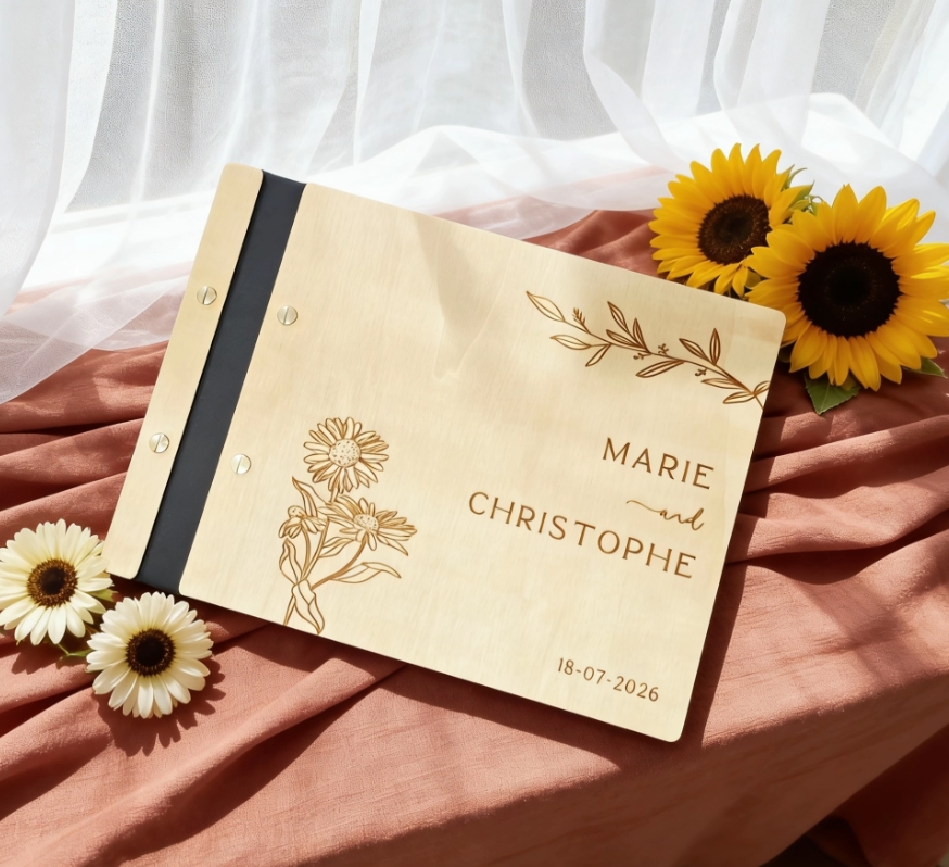 Custom Photo Book - Sunflower Wedding Guest Book Personalized Wooden