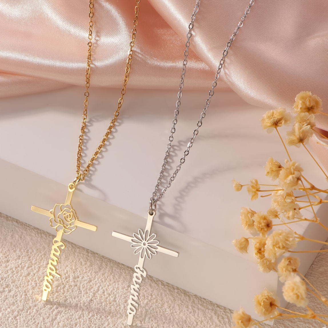Custom Birth Flower Cross Name - Birth Flower Necklace review and price