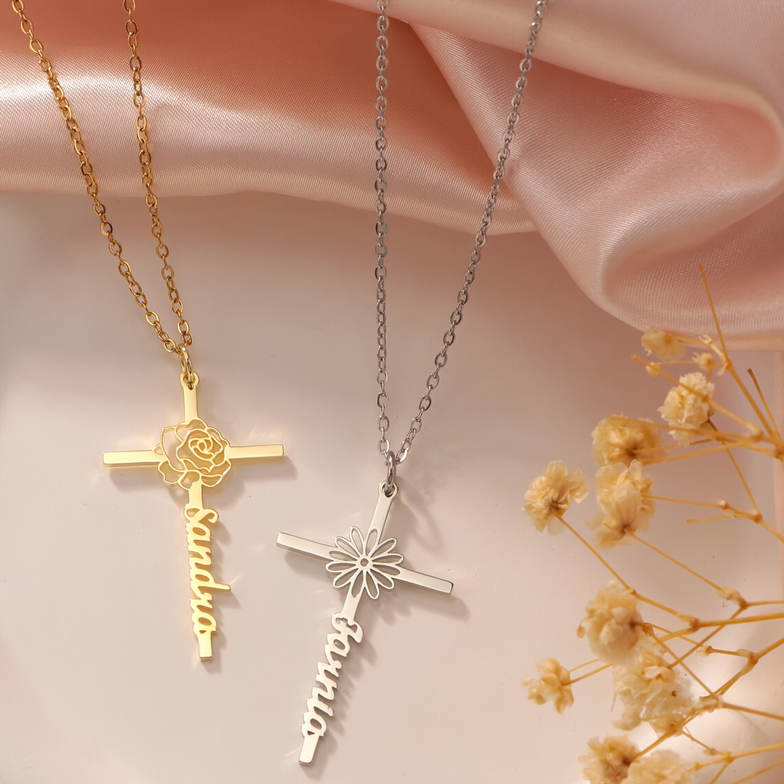Custom Birth Flower Cross Name - Birth Flower Necklace review and price