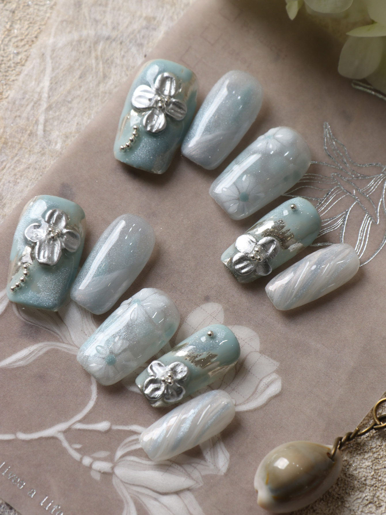 10Pcs Press on Nails Blue Whit - Pressed Flower Art review and price